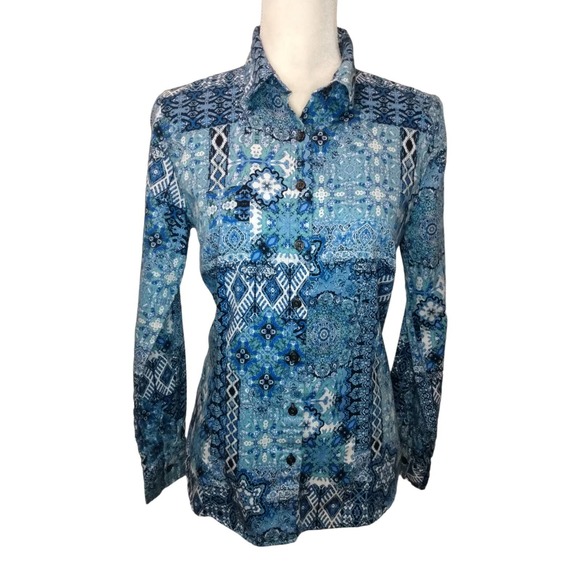 Van Heusen long sleeve blue print button up top - Picture 1 of 5